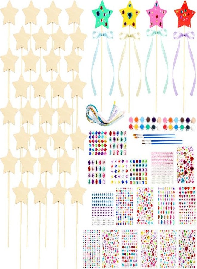 Feradny 92 Pcs Unfinished Star Princess Fairy Wands Kit Make Your Own Princess Wand DIY Art Craft Magical Wand Include 36 Star Wooden Fairy Wands 18 Gem Stickers 36 Ribbons 2 Markers for Kids Party Supplies - Image 1